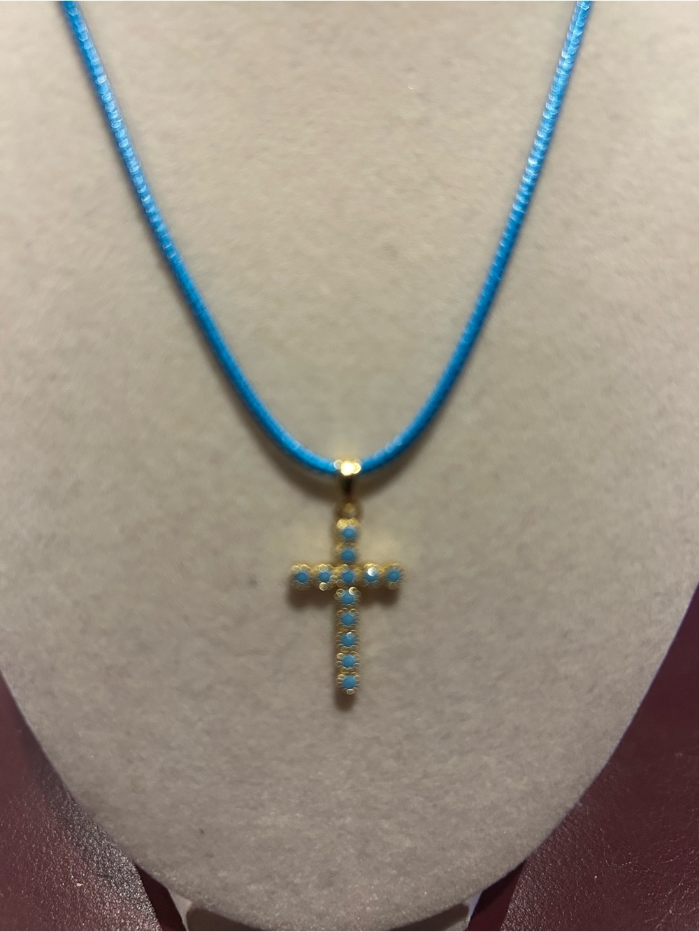 Adina Eden Gold Cross Pendant with Turquoise Stones on 17 To 19” Blue Cord - Picture 3 of 6